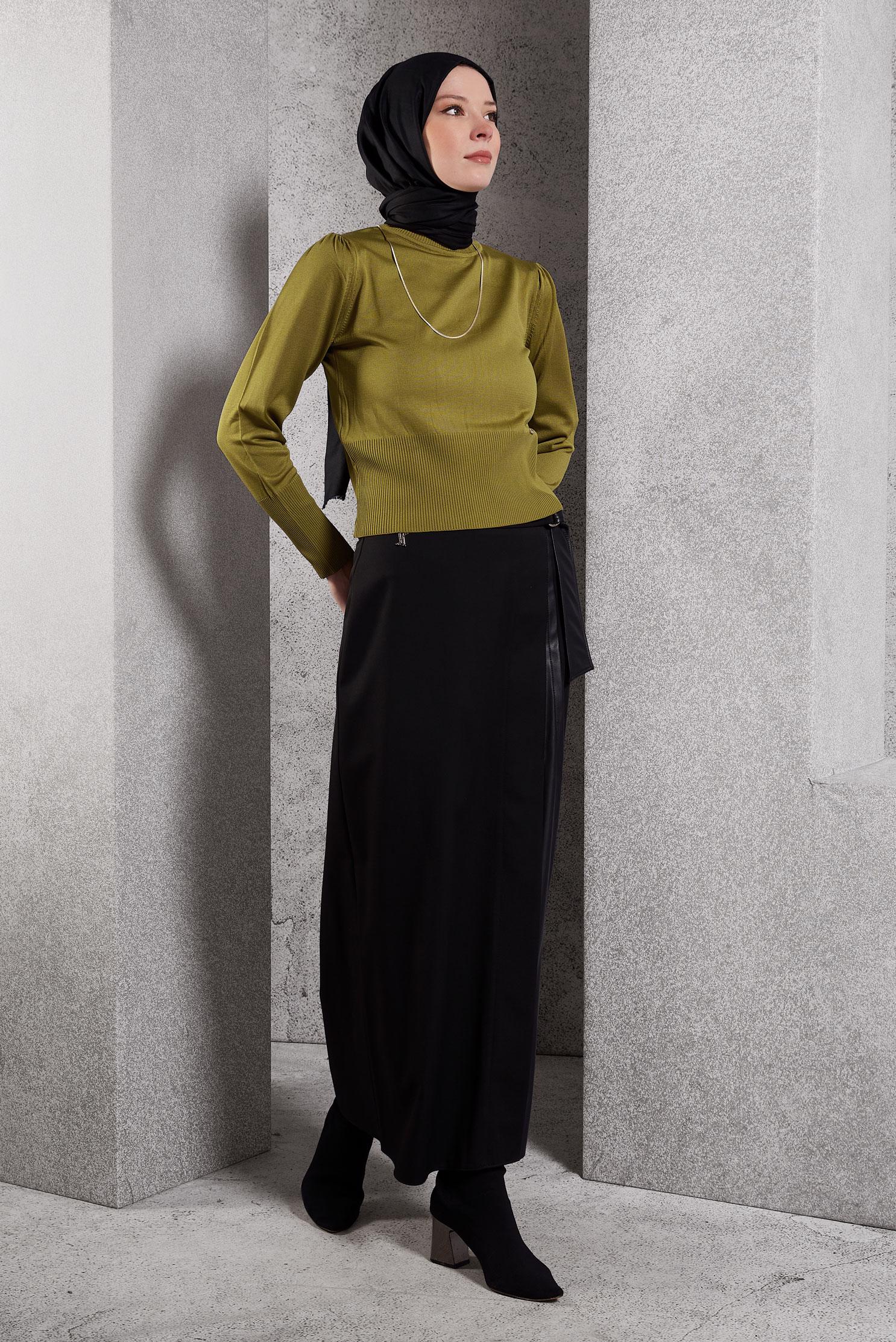 Tesettür giyim SİYAH KUŞAKLI ETEK 60624