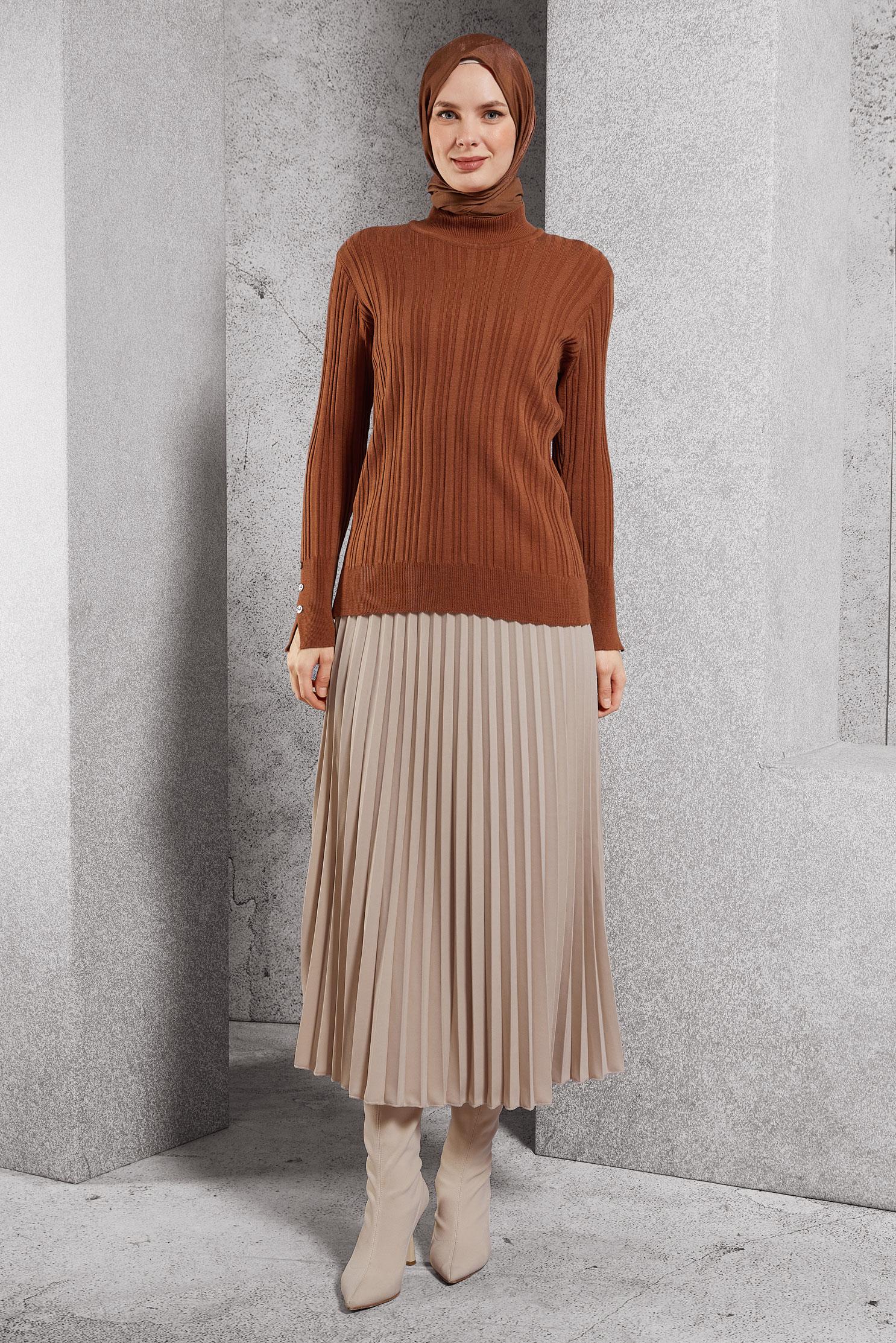 Tesettür giyim BEJ PİLİSELİ ETEK 60625