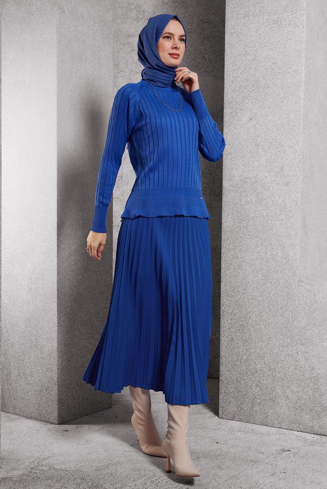 Tesettür giyim LACİVERT PİLİSELİ ETEK 60625 - ALVİNA