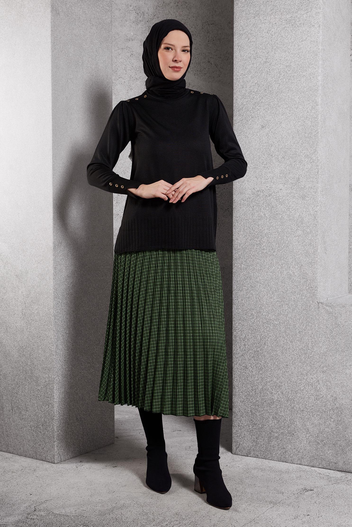 Tesettür giyim YEŞİL PİLİSELİ TESETTÜR ETEK 60627