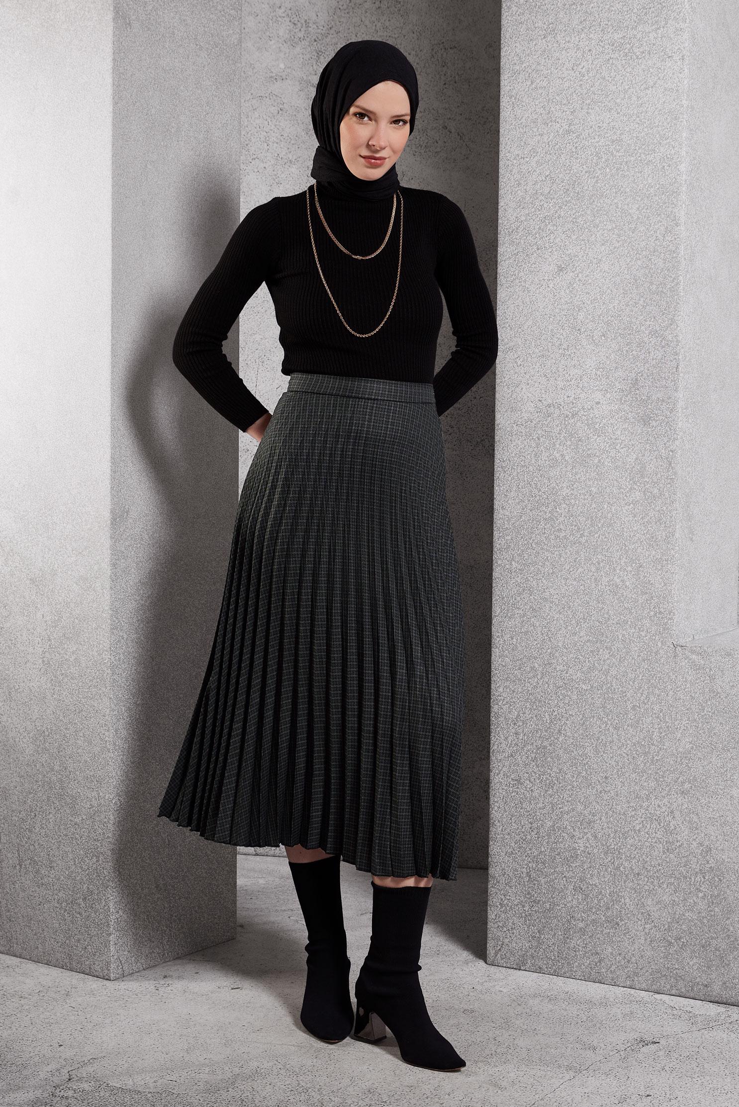 Tesettür giyim GRİ PİLİSELİ TESETTÜR ETEK 60627