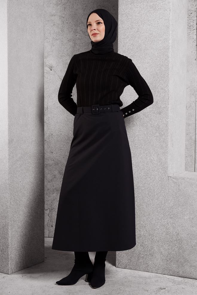 Tesettür giyim SİYAH KEMERLİ ETEK 60628 - ALVİNA