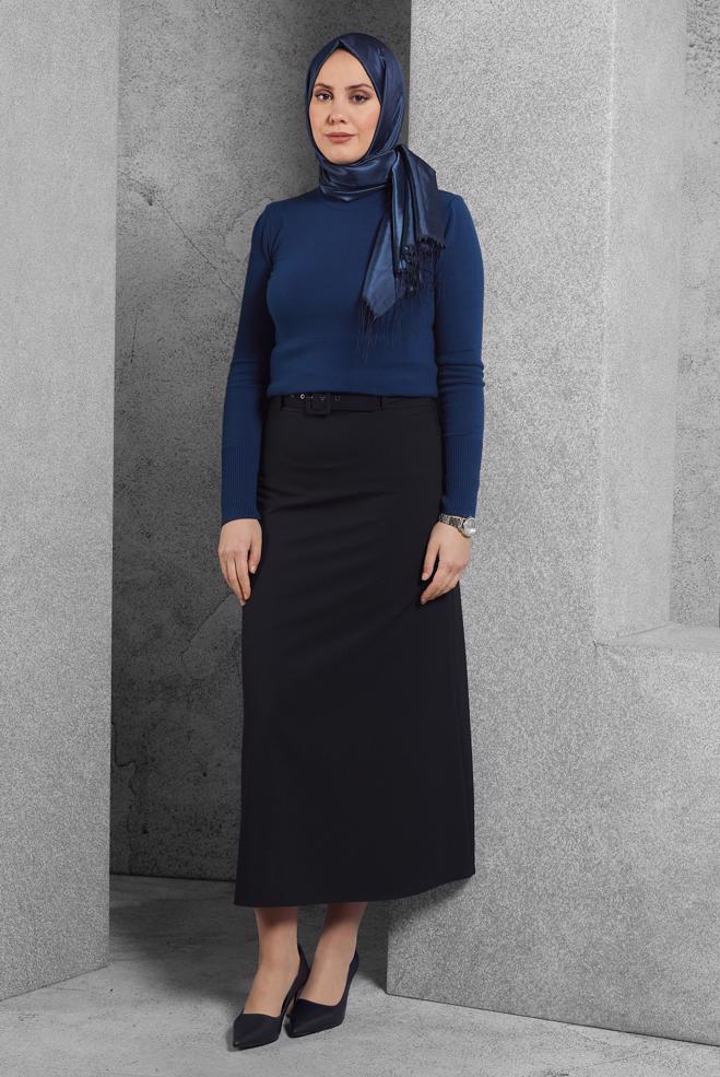 Tesettür giyim LACİVERT KEMERLİ ETEK 60628 - ALVİNA
