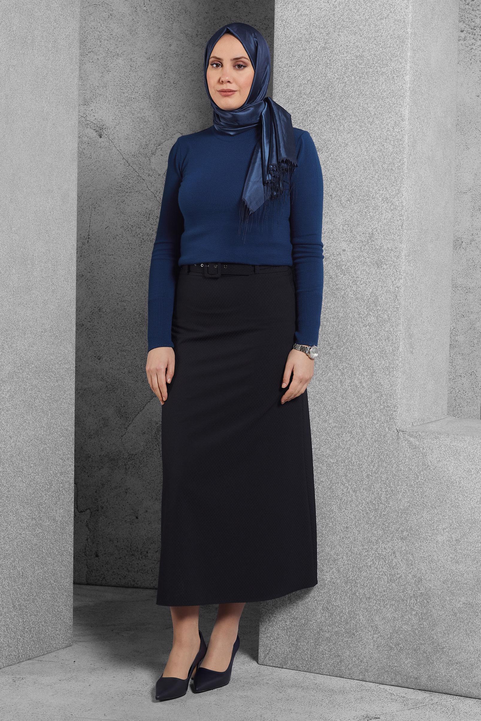 Tesettür giyim LACİVERT KEMERLİ ETEK 60628