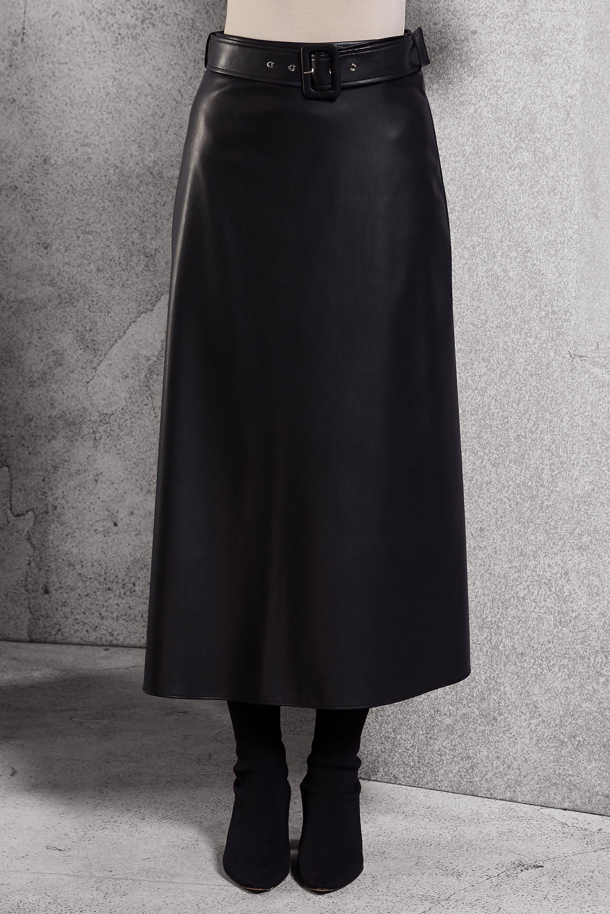 Tesettür giyim SİYAH KEMERLİ SUNİ DERİ ETEK 60629