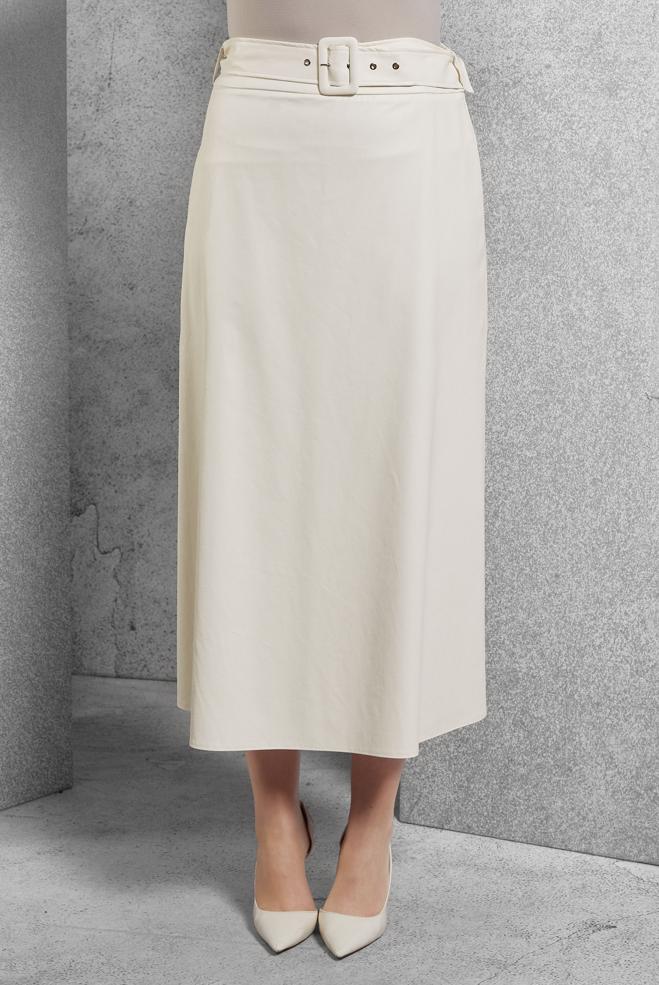 Vêtements hijab BLANC JUPE EN SIMILI CUIR AVEC CEINTURE 60629 - ALVİNA