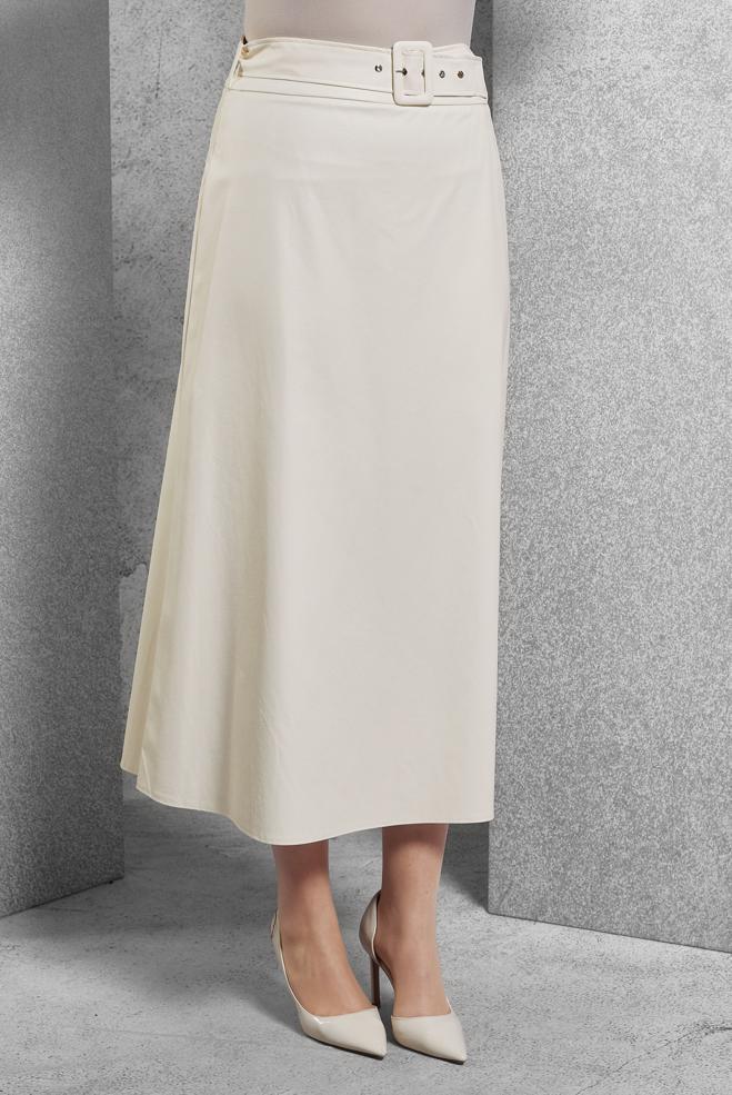 Vêtements hijab BLANC JUPE EN SIMILI CUIR AVEC CEINTURE 60629 - ALVİNA