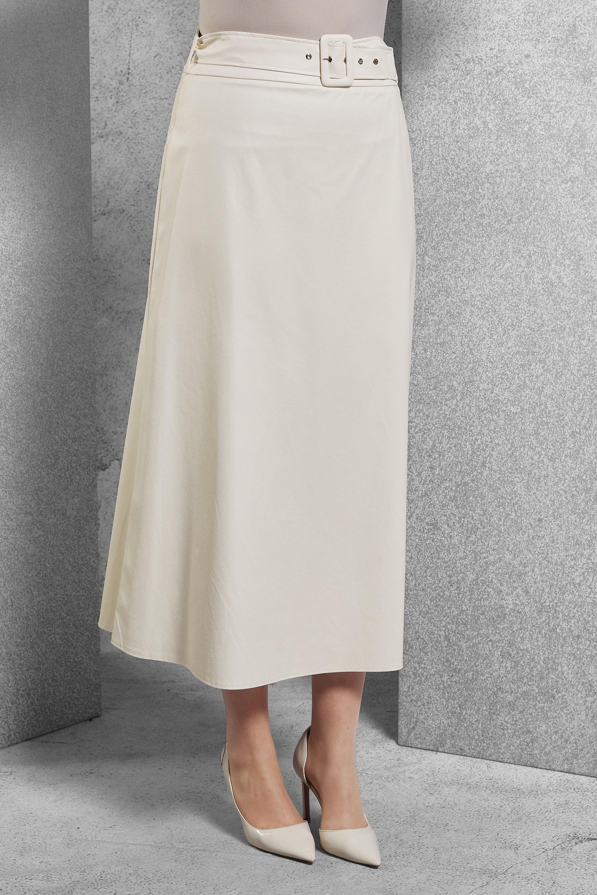 Tesettür giyim BEYAZ KEMERLİ SUNİ DERİ ETEK 60629