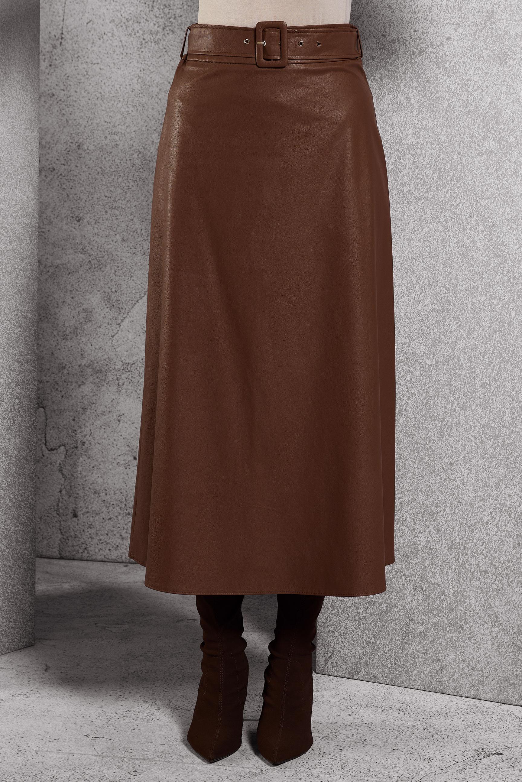 Tesettür giyim TABA KEMERLİ SUNİ DERİ ETEK 60629