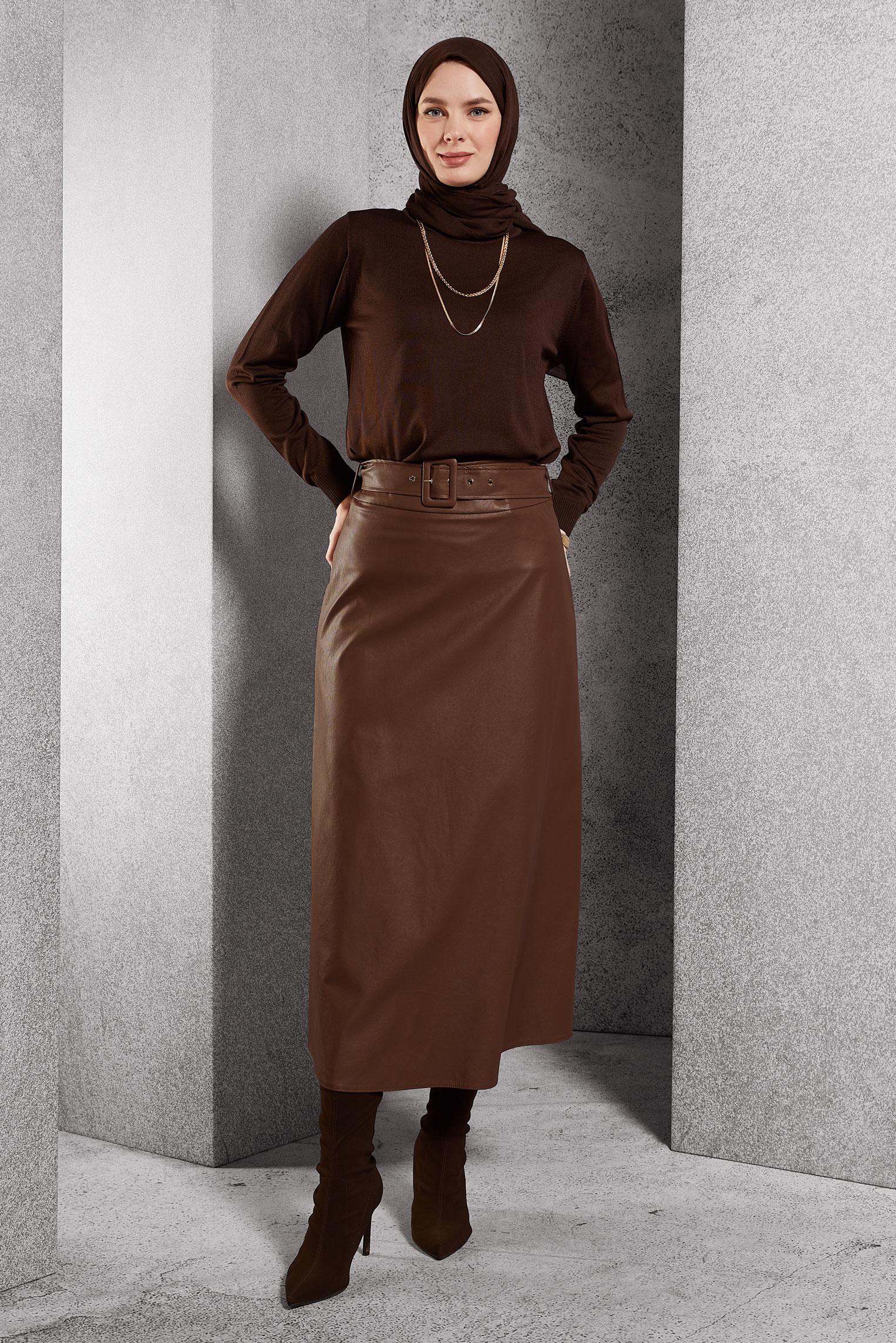 Tesettür giyim TABA KEMERLİ SUNİ DERİ ETEK 60629