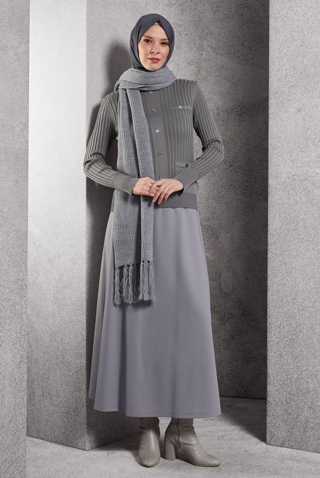 Tesettür giyim GRİ BELİ LASTİKLİ EŞOFMAN ETEK 60630 - ALVİNA