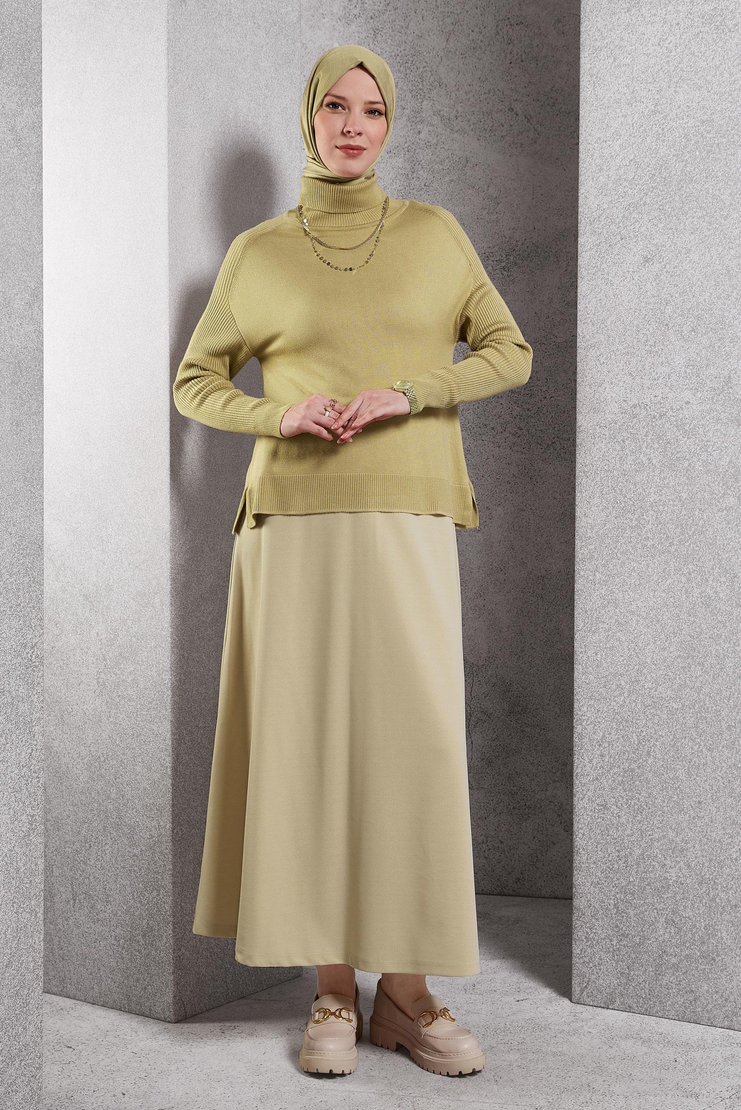 Tesettür giyim EKRU BELİ LASTİKLİ EŞOFMAN ETEK 60630