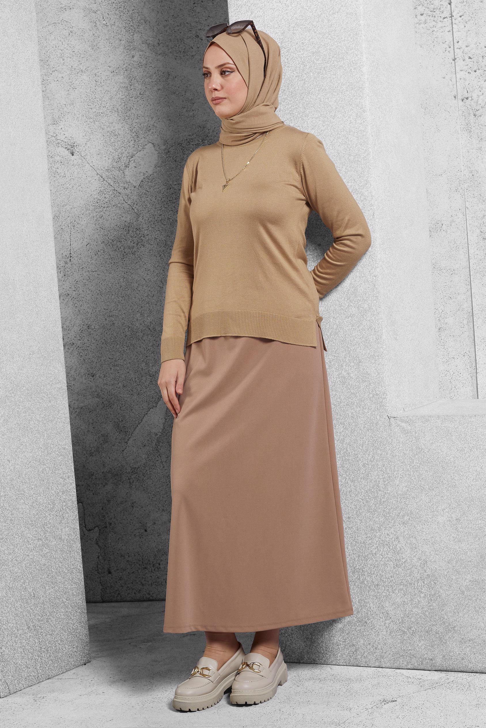 Tesettür giyim BEJ BELİ LASTİKLİ ETEK 60632