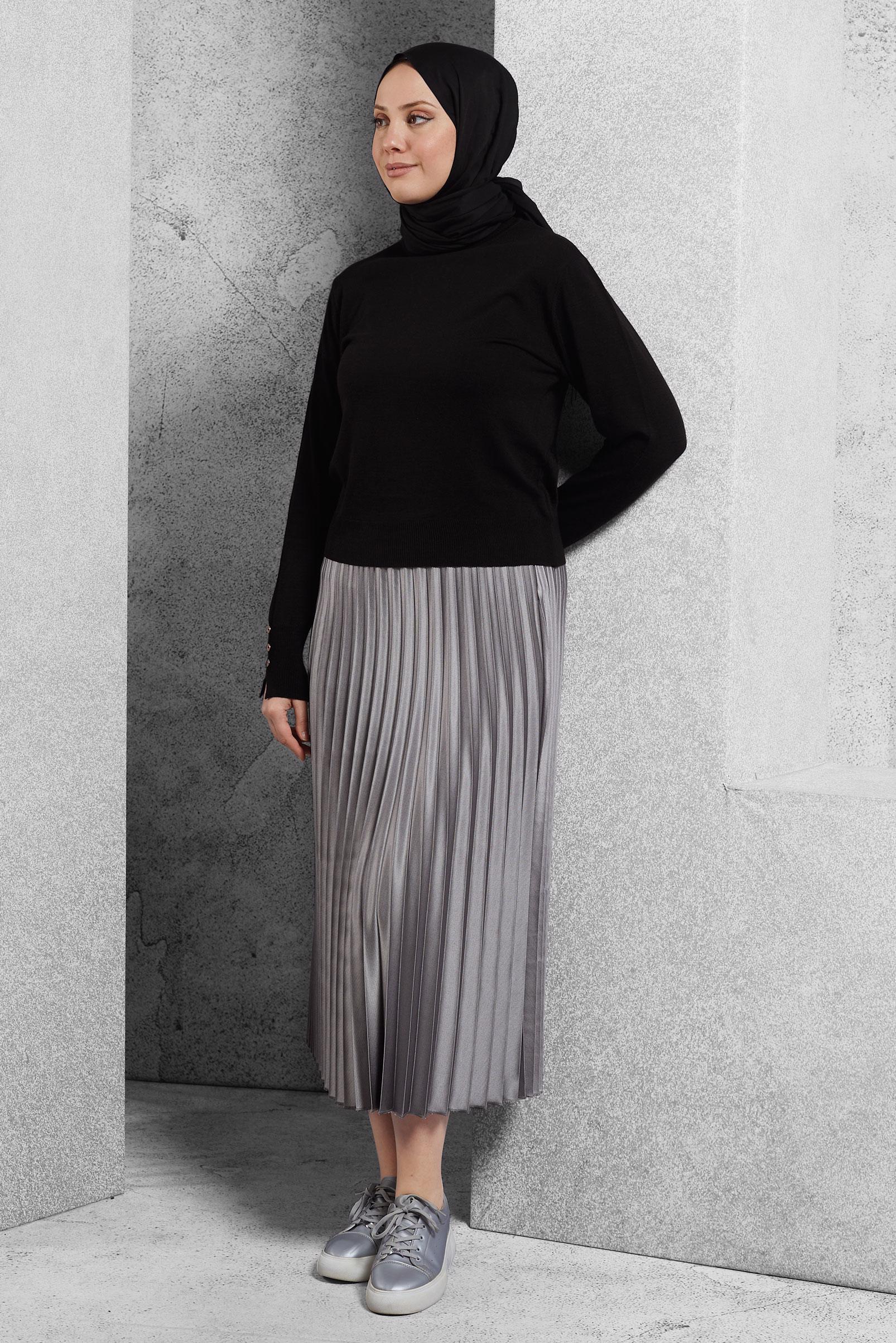 Tesettür giyim GRİ PİLİSELİ ETEK 60633