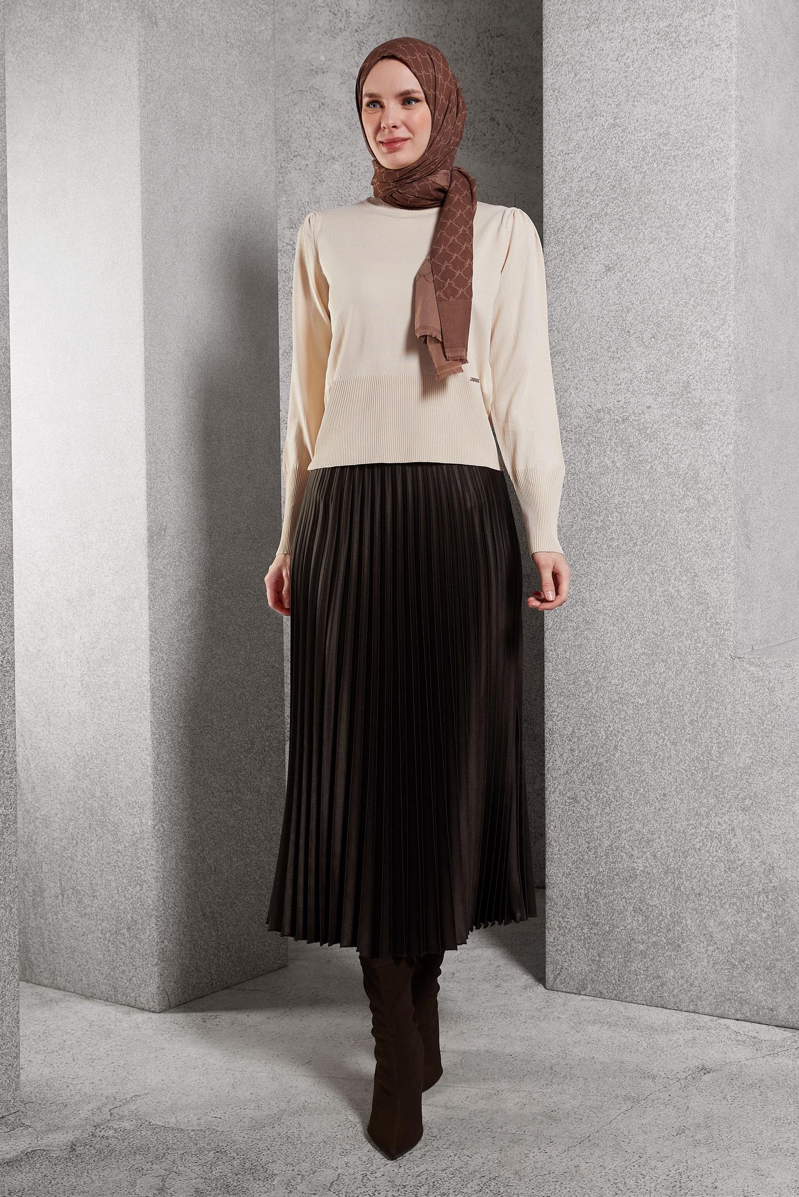 Tesettür giyim KAHVE PİLİSELİ ETEK 60633