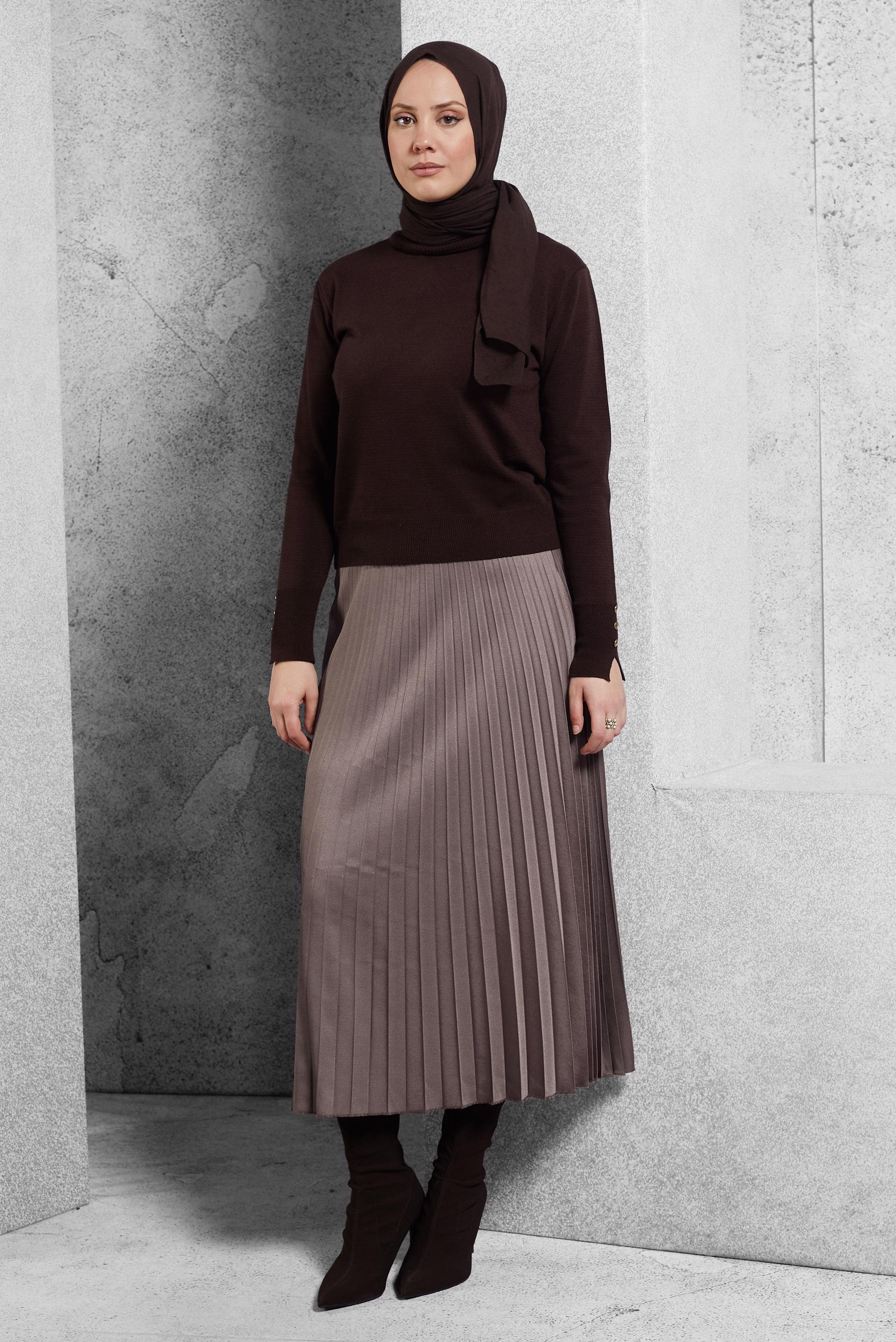 Tesettür giyim VİZON PİLİSELİ ETEK 60633