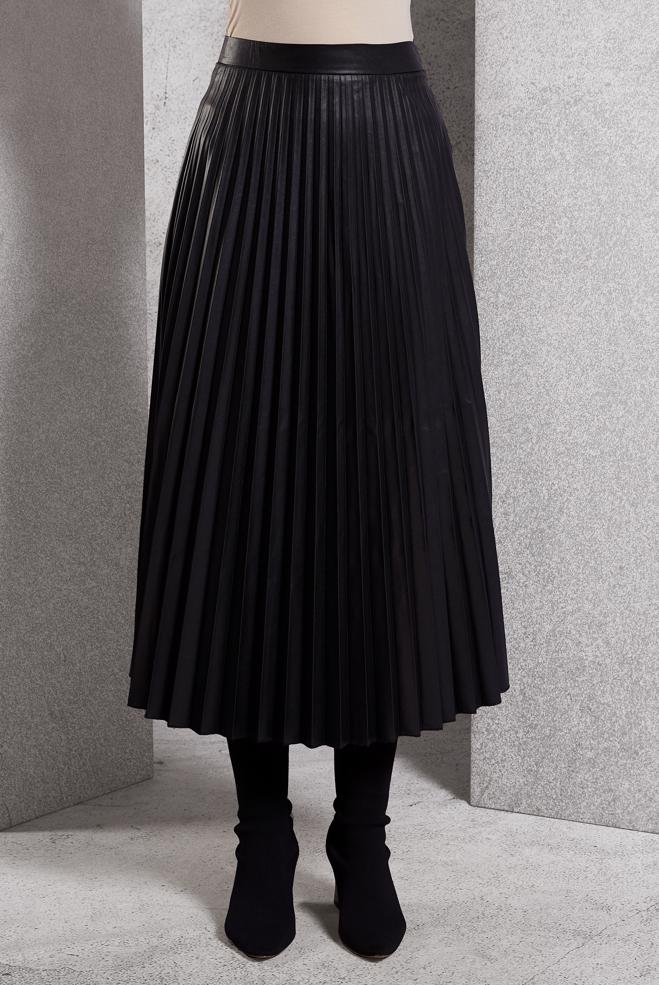 Tesettür giyim SİYAH PİLİSELİ SUNİ DERİ ETEK 60634 - ALVİNA