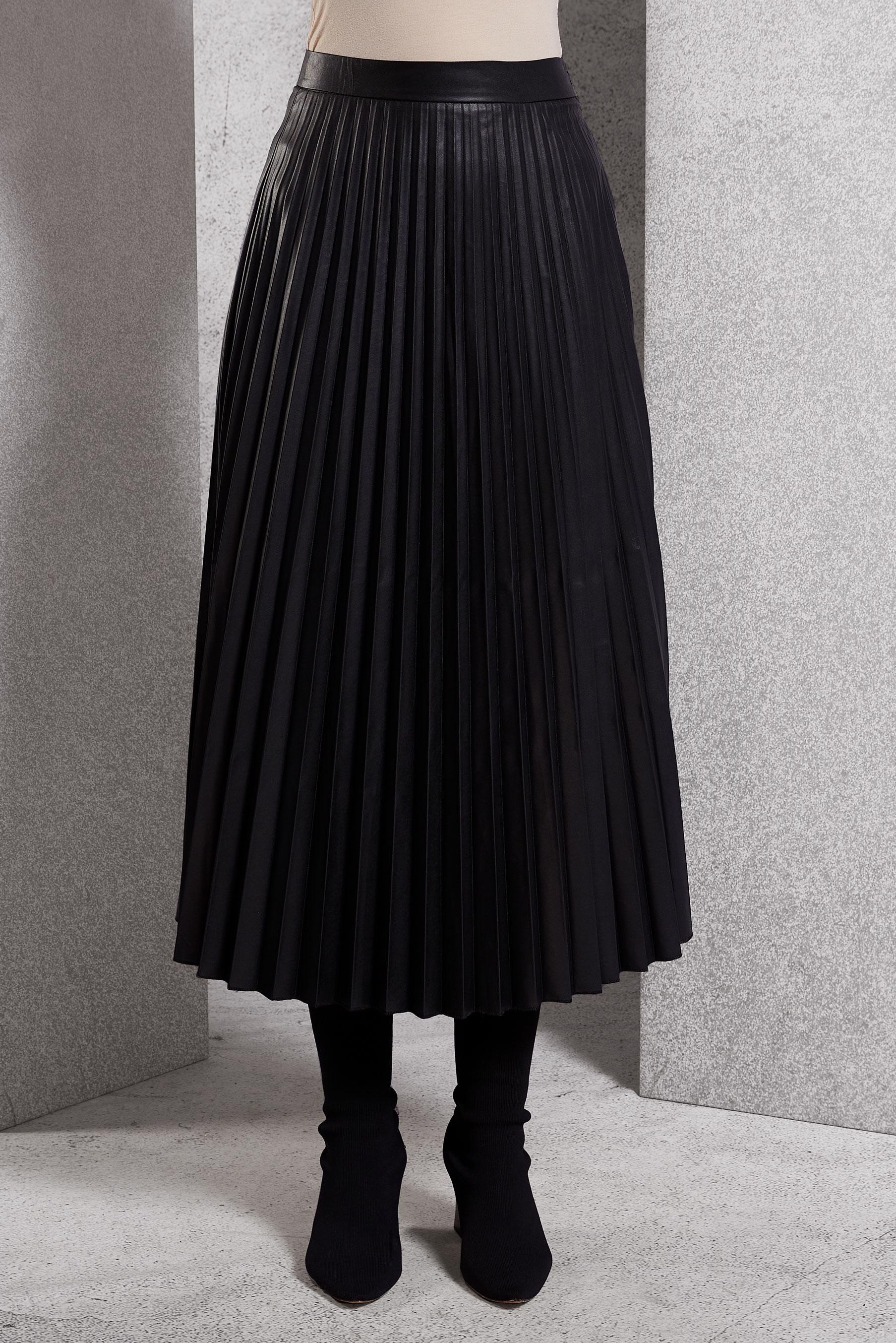 Tesettür giyim SİYAH PİLİSELİ SUNİ DERİ ETEK 60634