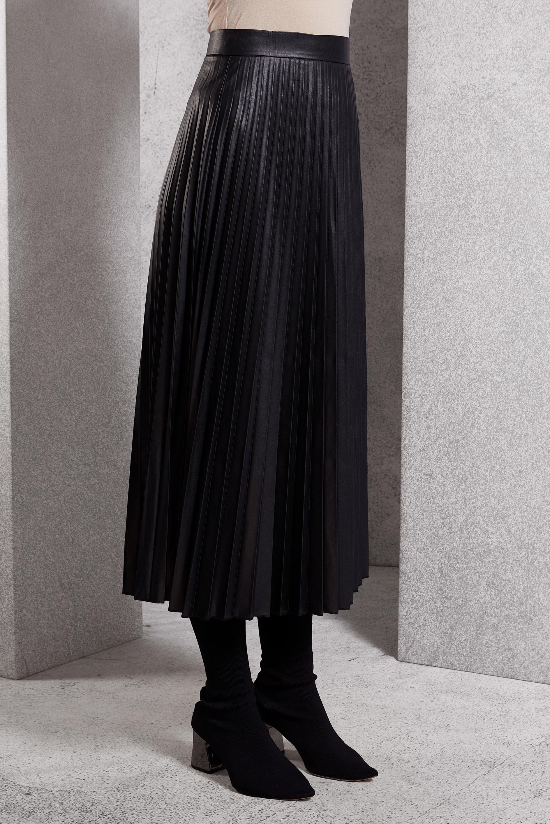 Tesettür giyim SİYAH PİLİSELİ SUNİ DERİ ETEK 60634