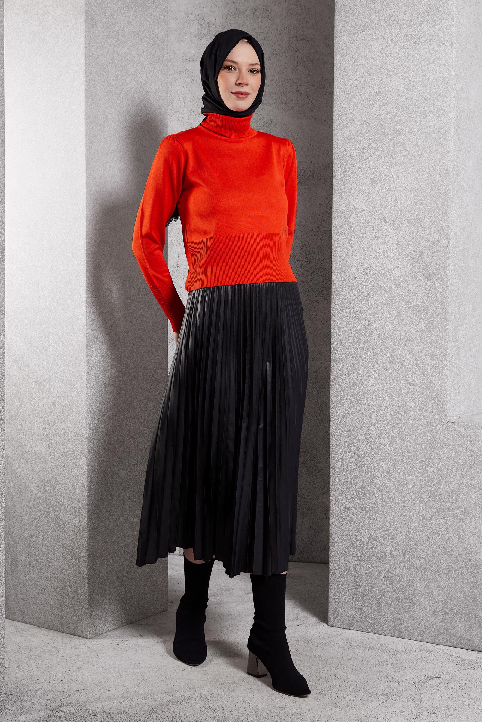 Tesettür giyim SİYAH PİLİSELİ SUNİ DERİ ETEK 60634