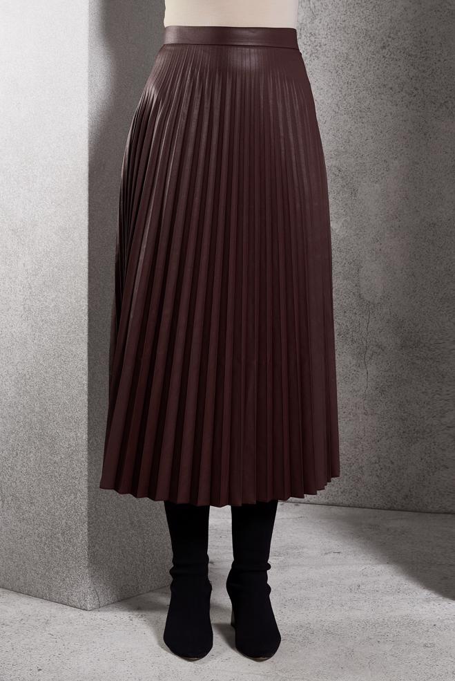 Tesettür giyim BORDO PİLİSELİ SUNİ DERİ ETEK 60634 - ALVİNA