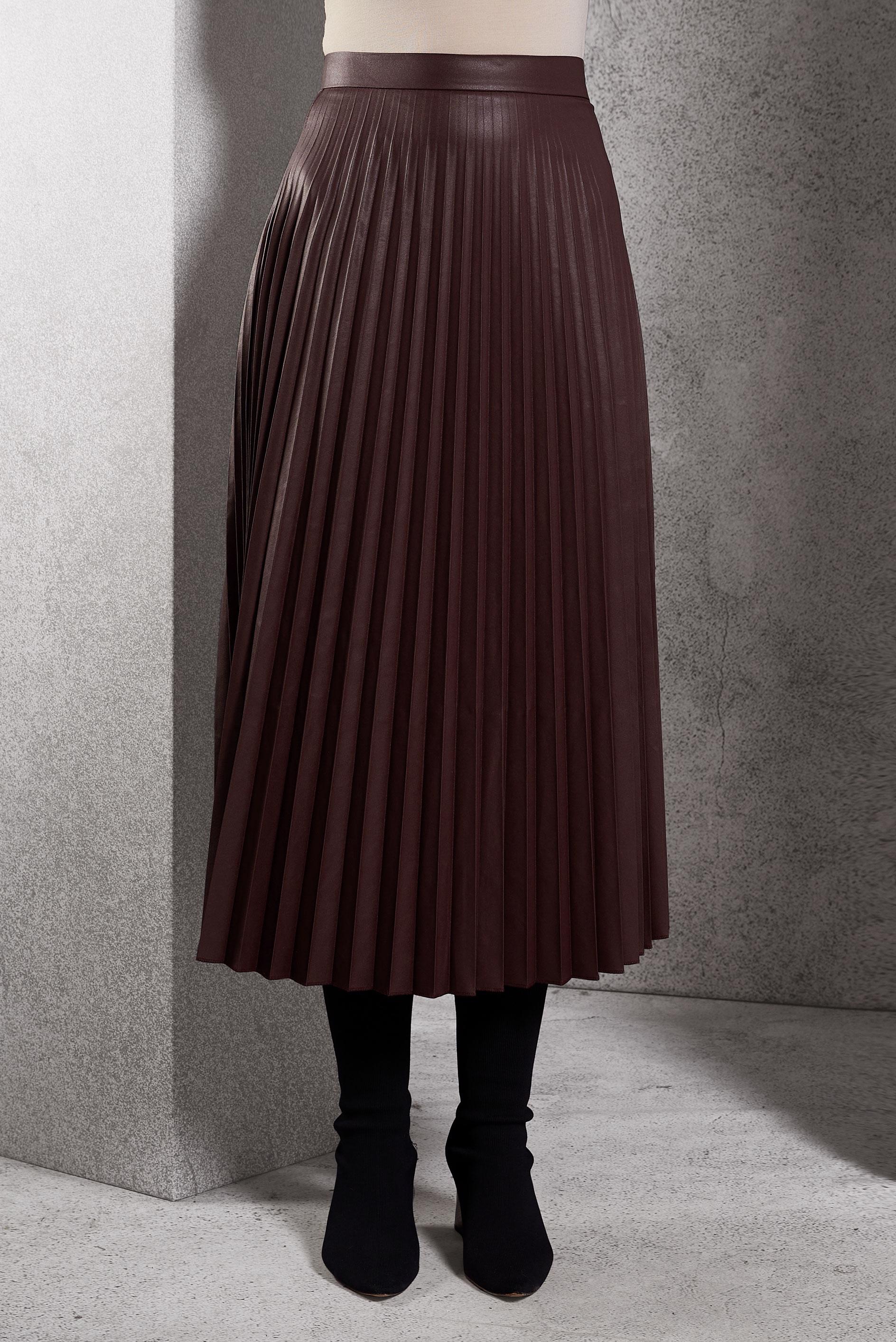 Tesettür giyim BORDO PİLİSELİ SUNİ DERİ ETEK 60634