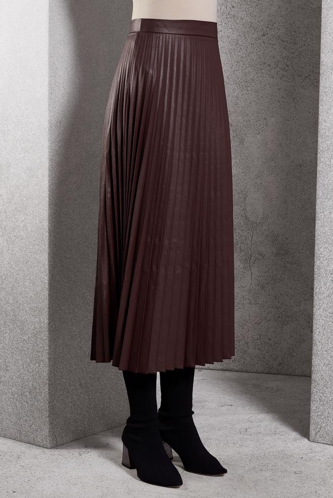 Tesettür giyim BORDO PİLİSELİ SUNİ DERİ ETEK 60634 - ALVİNA