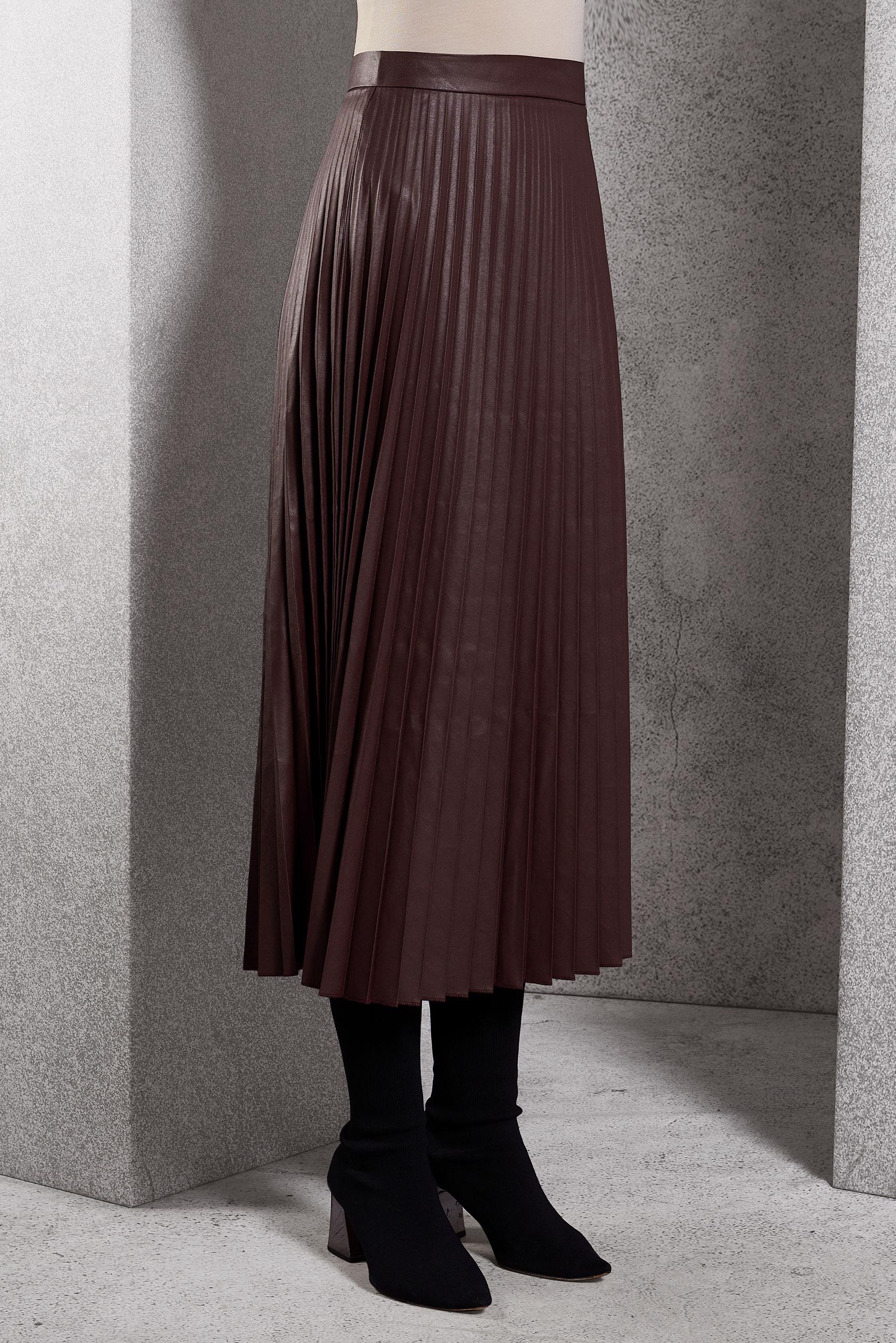 Tesettür giyim BORDO PİLİSELİ SUNİ DERİ ETEK 60634