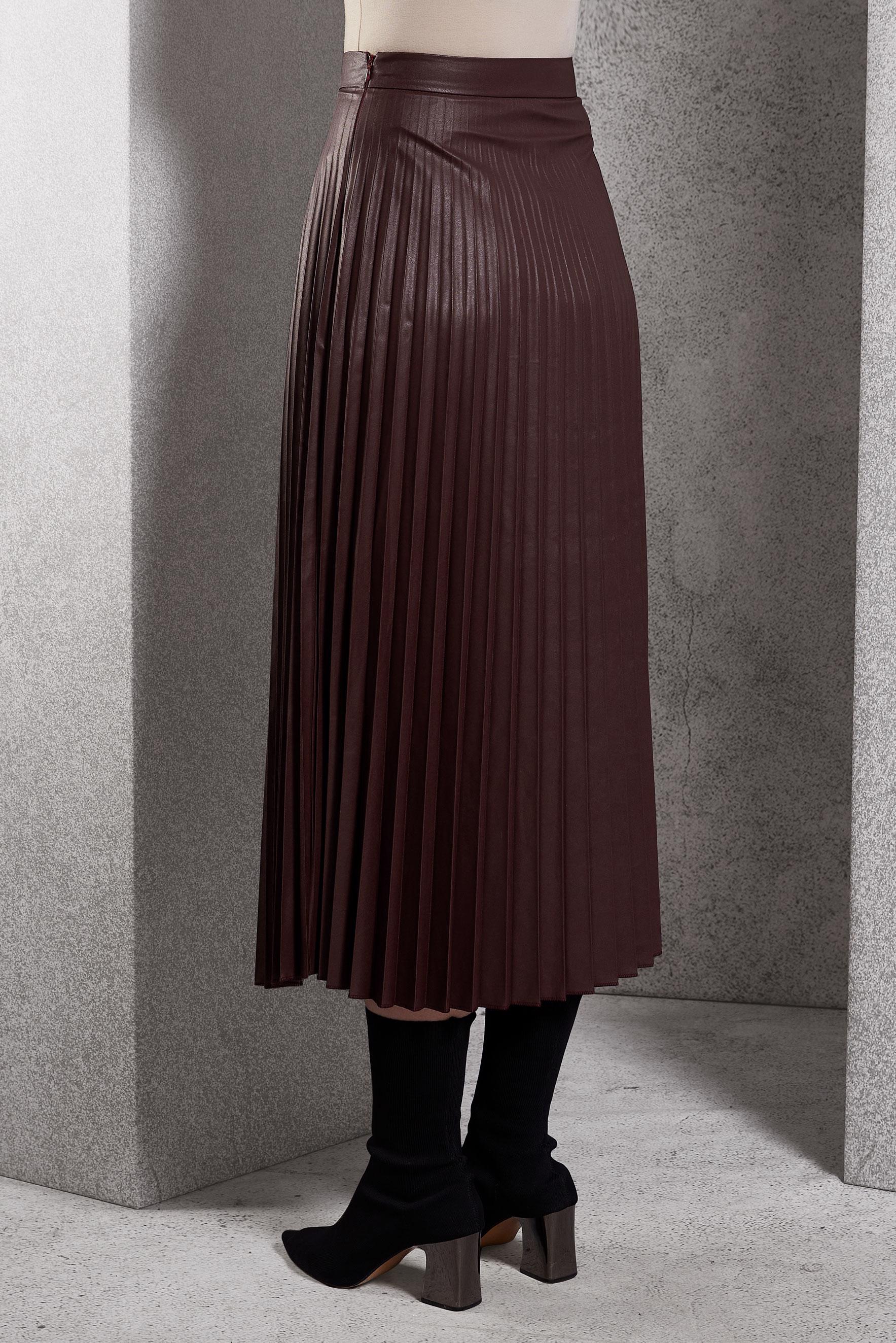 Tesettür giyim BORDO PİLİSELİ SUNİ DERİ ETEK 60634