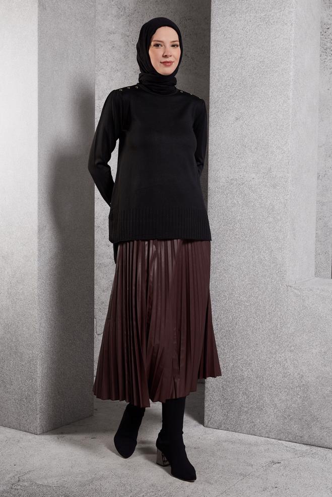 Tesettür giyim BORDO PİLİSELİ SUNİ DERİ ETEK 60634 - ALVİNA