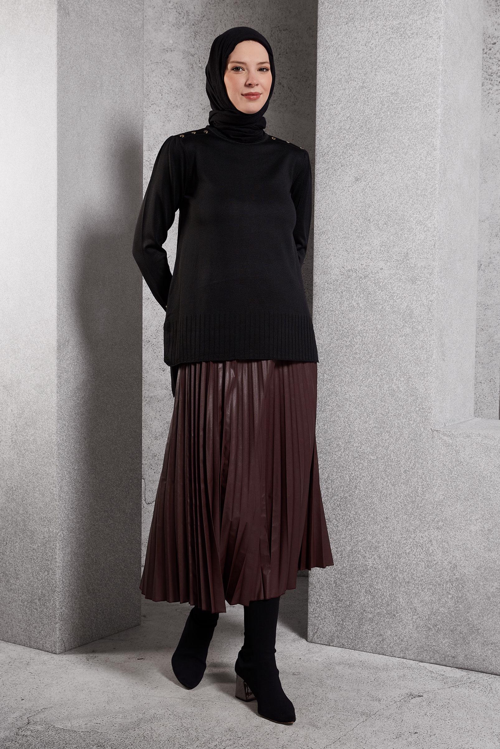 Tesettür giyim BORDO PİLİSELİ SUNİ DERİ ETEK 60634