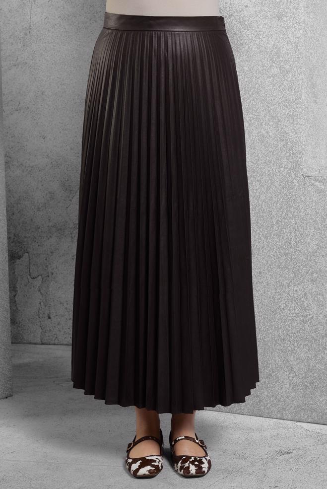 Tesettür giyim KAHVE PİLİSELİ SUNİ DERİ ETEK 60634 - ALVİNA