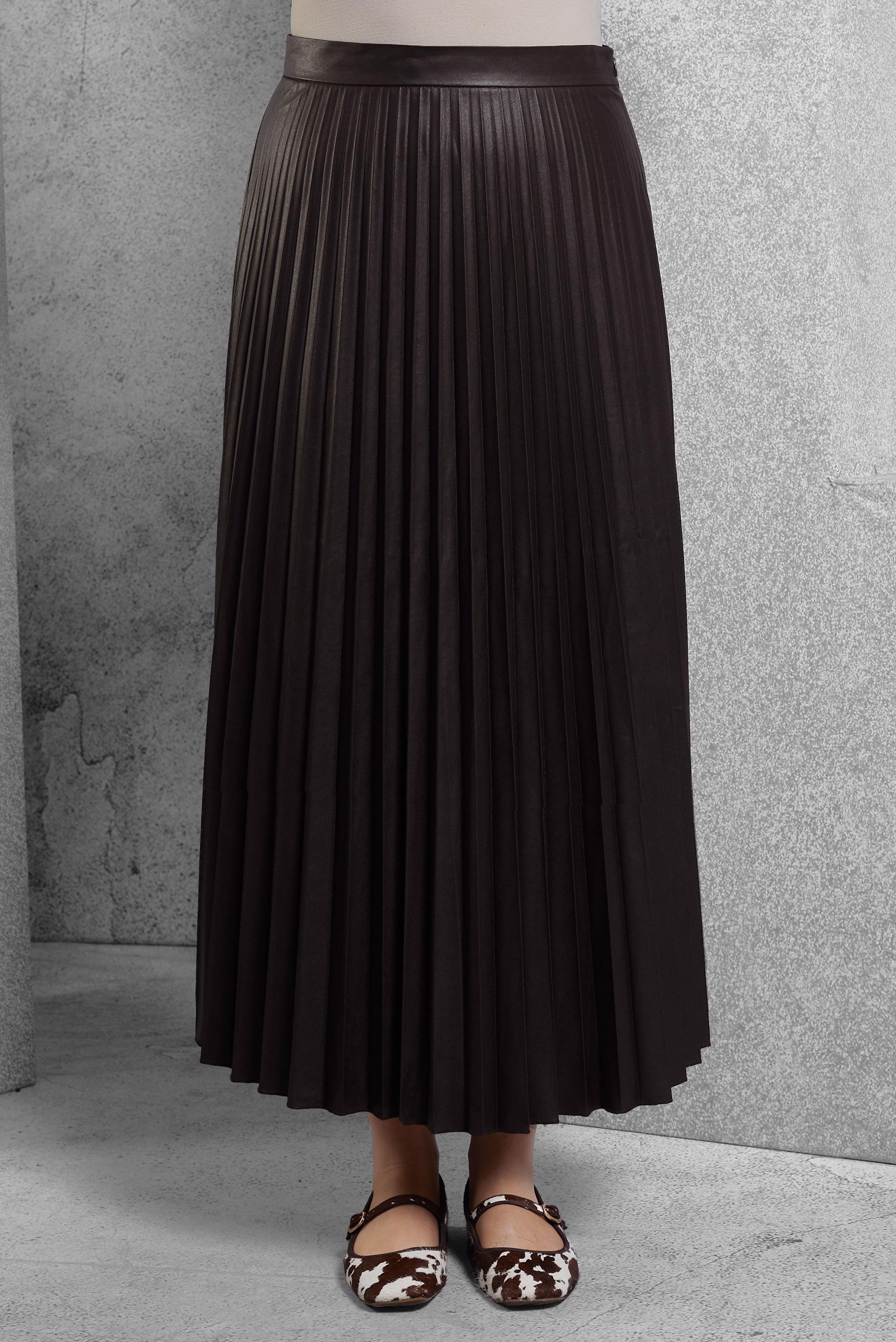 Tesettür giyim KAHVE PİLİSELİ SUNİ DERİ ETEK 60634