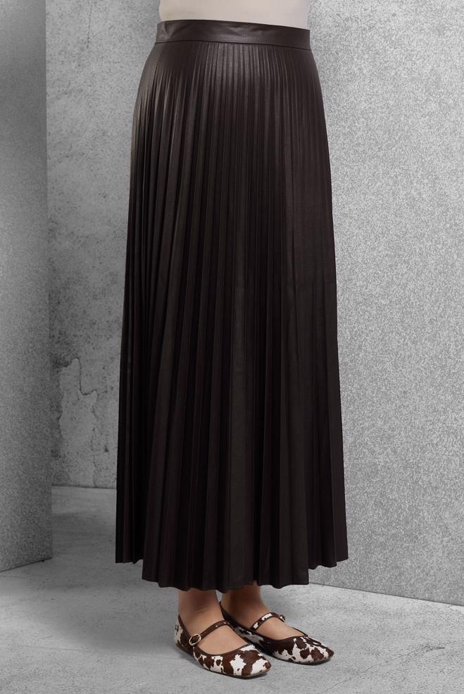 Tesettür giyim KAHVE PİLİSELİ SUNİ DERİ ETEK 60634 - ALVİNA