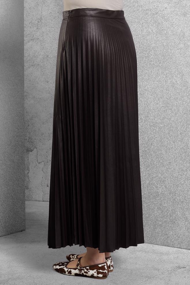 Tesettür giyim KAHVE PİLİSELİ SUNİ DERİ ETEK 60634 - ALVİNA