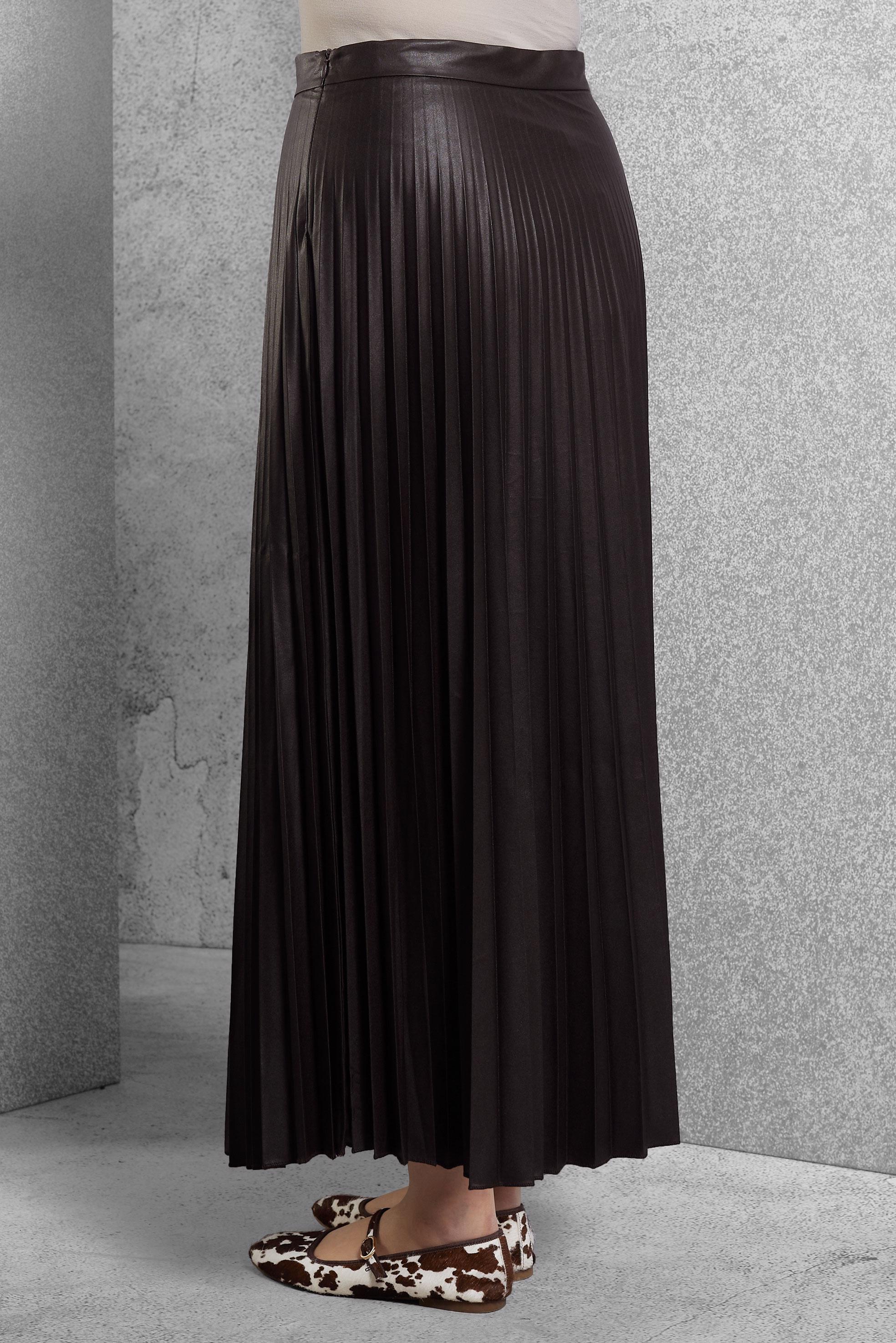 Tesettür giyim KAHVE PİLİSELİ SUNİ DERİ ETEK 60634