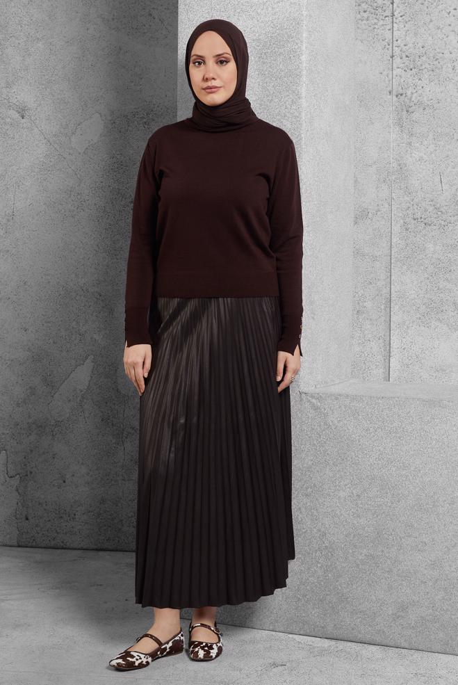 Tesettür giyim KAHVE PİLİSELİ SUNİ DERİ ETEK 60634 - ALVİNA