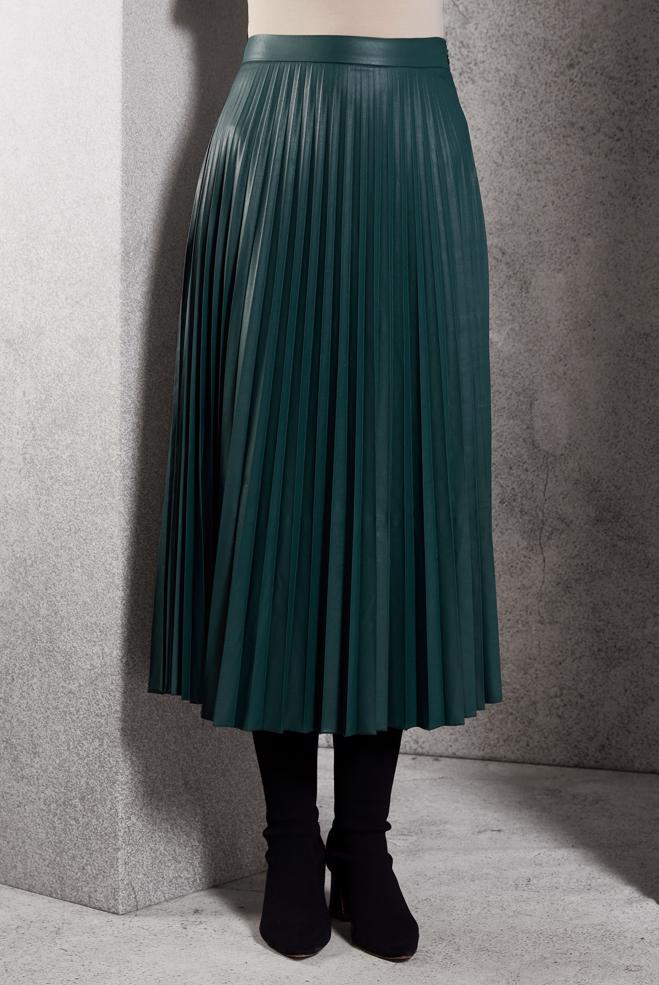 Tesettür giyim YEŞİL PİLİSELİ SUNİ DERİ ETEK 60634 - ALVİNA