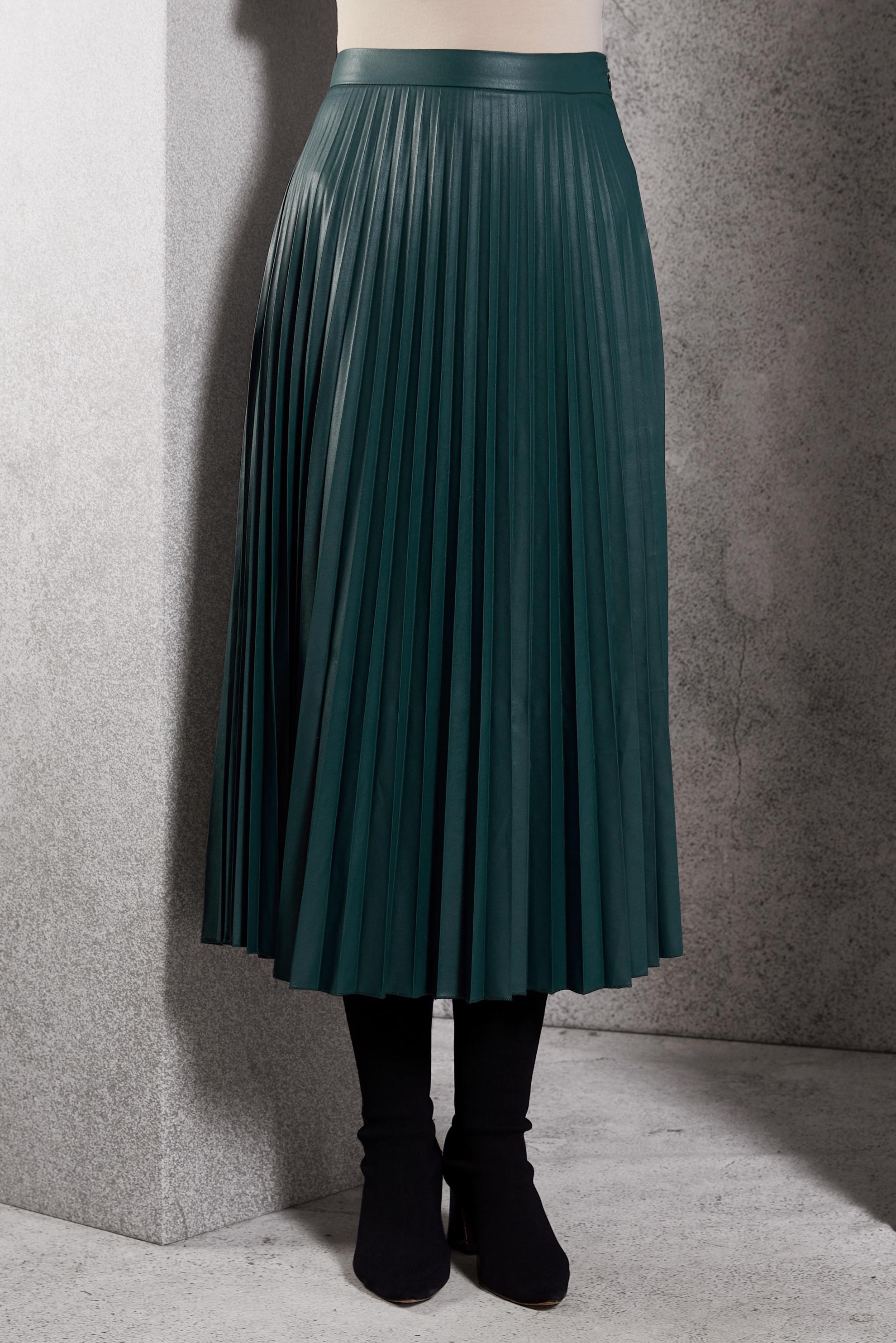 Tesettür giyim YEŞİL PİLİSELİ SUNİ DERİ ETEK 60634