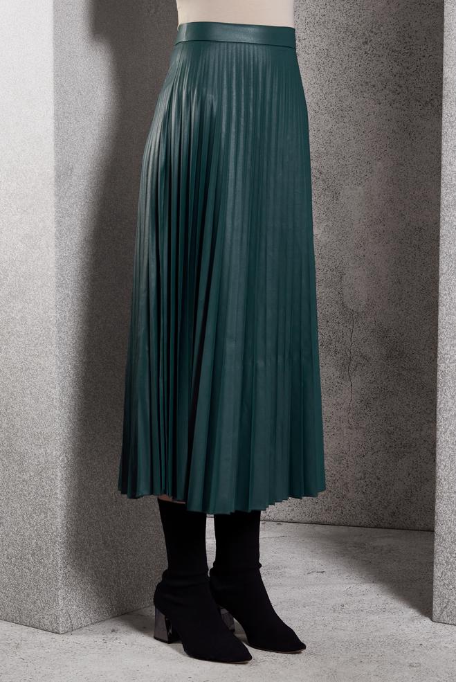 Tesettür giyim YEŞİL PİLİSELİ SUNİ DERİ ETEK 60634 - ALVİNA