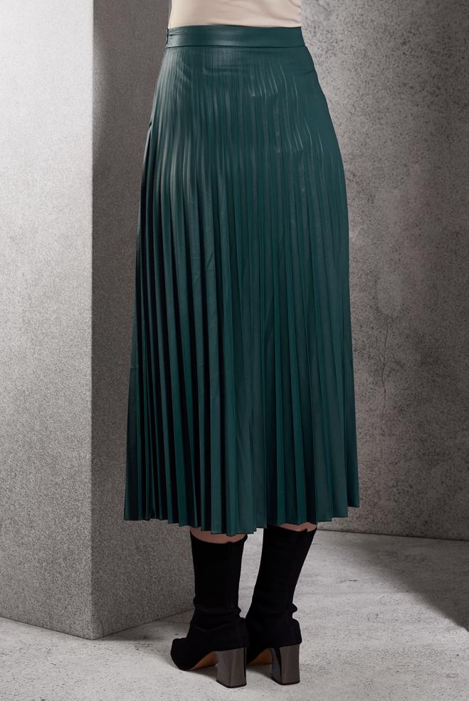 Tesettür giyim YEŞİL PİLİSELİ SUNİ DERİ ETEK 60634 - ALVİNA