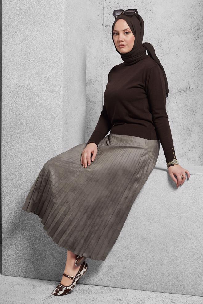 Vêtements hijab BEIGE JUPE LONGUE PLISSÉE 60635 - ALVİNA