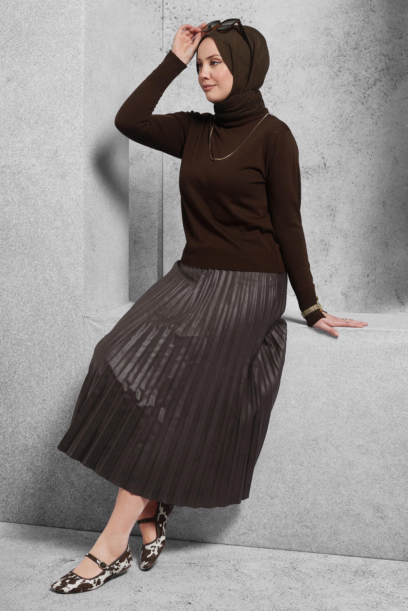 Hijab clothing BROWN PLEATED LONG SKIRT 60635