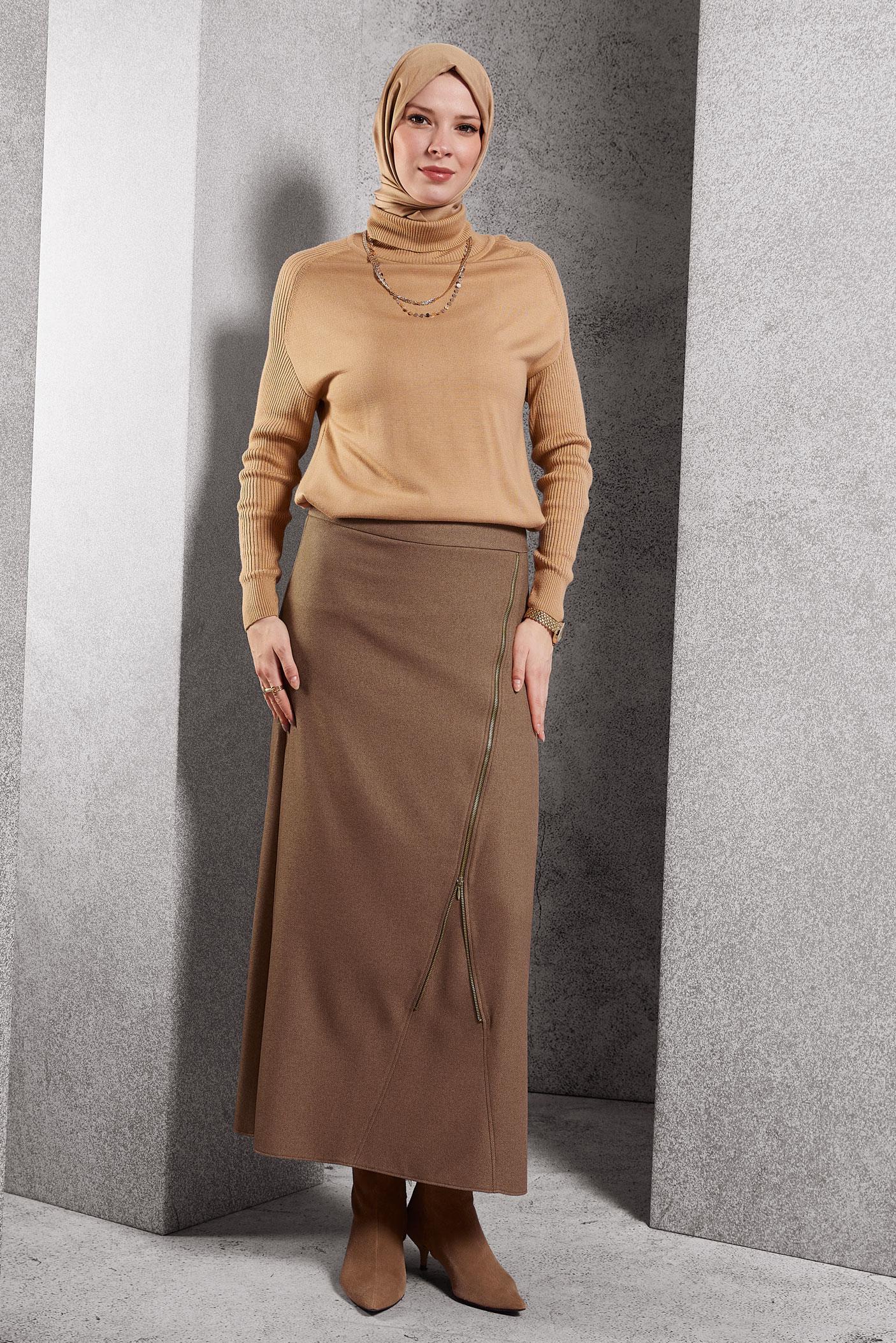Tesettür giyim KAHVE FERMUAR DETAYLI ETEK 60636