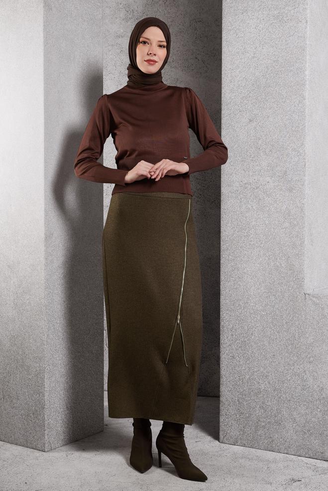 Tesettür giyim KAHVE FERMUAR DETAYLI ETEK 60636 - ALVİNA