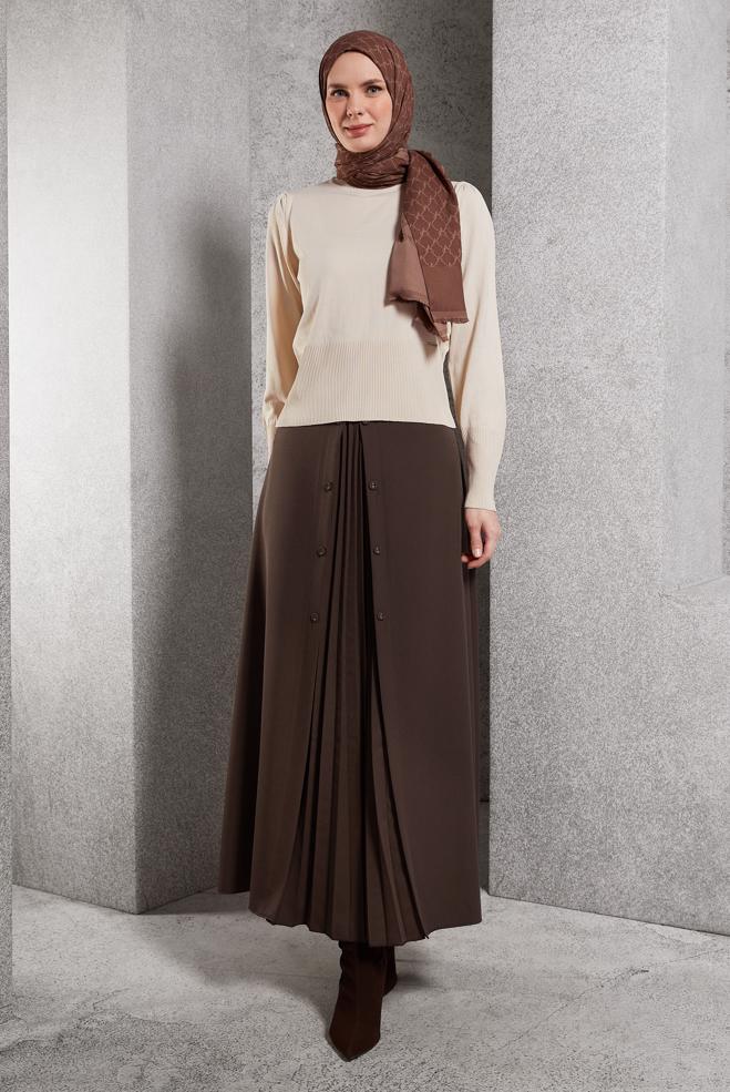 Vêtements hijab BRUN JUPE À PLIS DÉTAILLÉS 60637 - ALVİNA