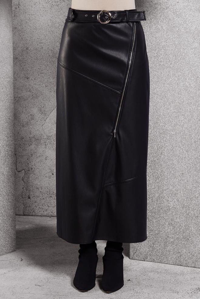 Tesettür giyim SİYAH KEMERLİ SUNİ DERİ ETEK 60638 - ALVİNA