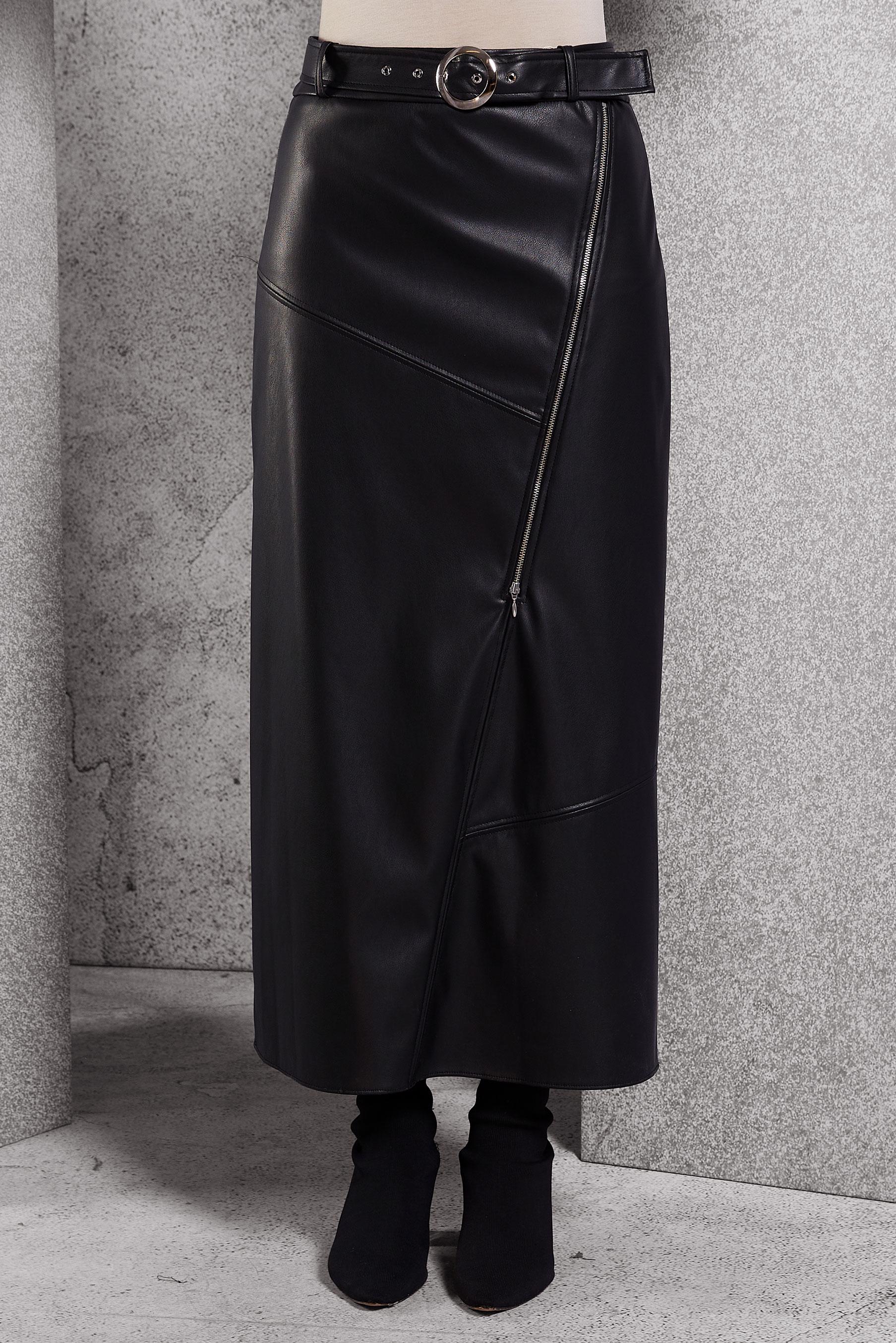 Tesettür giyim SİYAH KEMERLİ SUNİ DERİ ETEK 60638