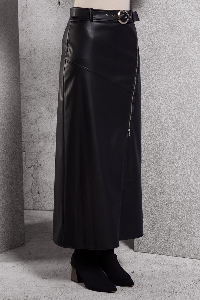 Tesettür giyim SİYAH KEMERLİ SUNİ DERİ ETEK 60638 - ALVİNA