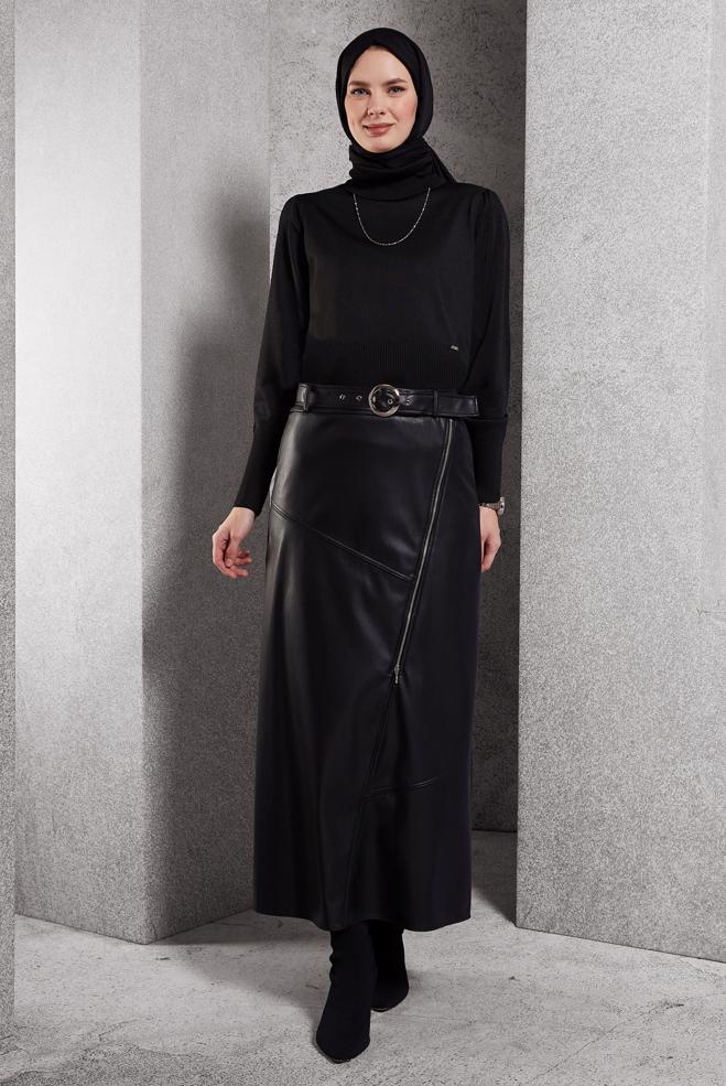 Tesettür giyim SİYAH KEMERLİ SUNİ DERİ ETEK 60638 - ALVİNA